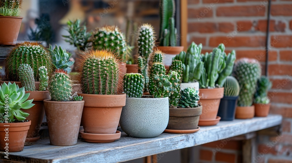 A cozy cafe corner features a beautifully arranged collection of cactus and succulents in a variety of stylish pots. The plants are placed on a wooden shelf and a nearby table, with soft light A cozy cafe corner features a beautifully arranged collection of cactus and succulents in a variety of stylish pots. The plants are placed on a wooden shelf and a nearby table, with soft light