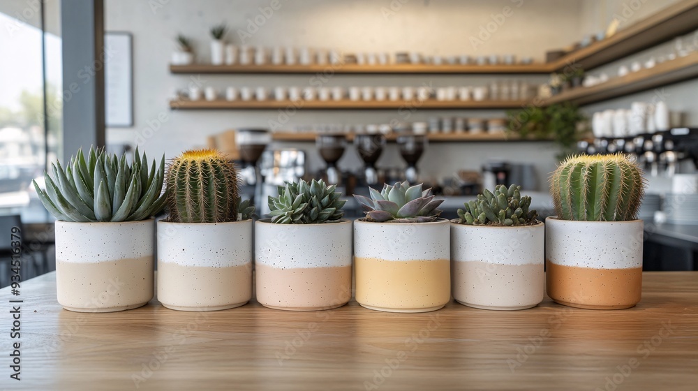A modern cafe with a focus on a large wooden table adorned with a variety of cactus and succulents in unique, handmade pots. The plants add a touch of nature to the sleek, contemporary design, which A modern cafe with a focus on a large wooden table adorned with a variety of cactus and succulents in unique, handmade pots. The plants add a touch of nature to the sleek, contemporary design, which