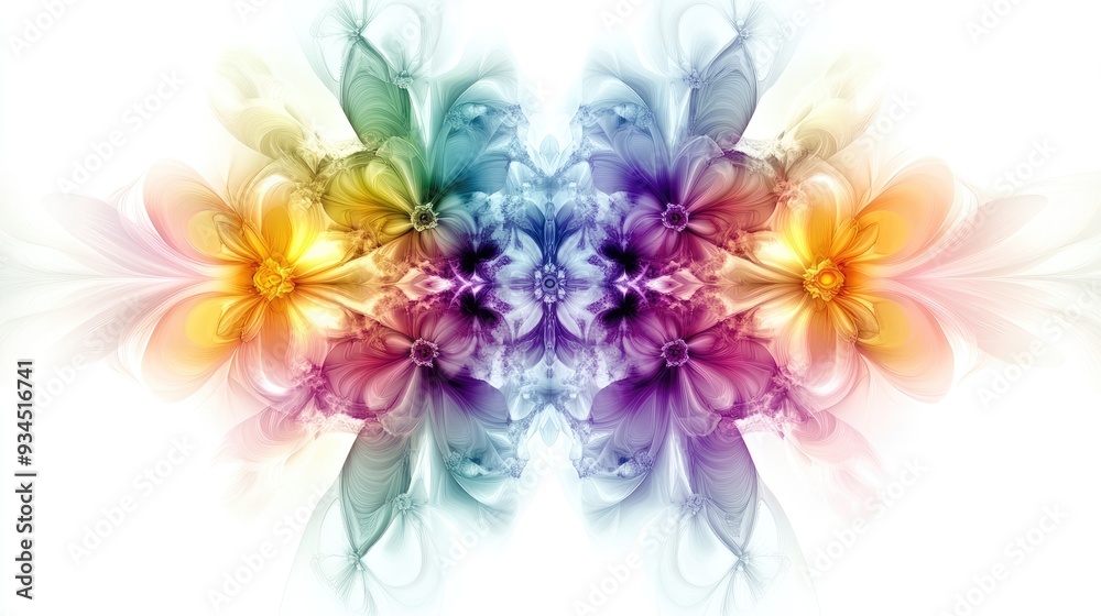 Obraz premium Abstract design featuring intricate fractal flowers in vivid colors, symmetrically arranged on a white background