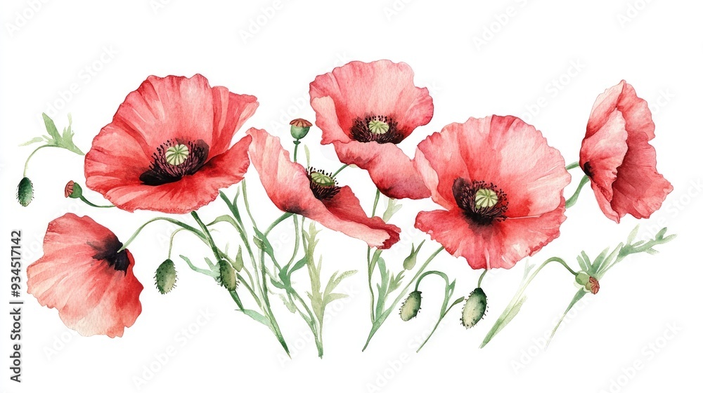 Naklejka premium Watercolor illustration of a bouquet of poppy flowers on a white background Suitable for printing postcards fashion textiles and decor