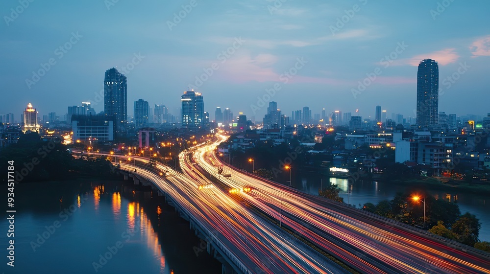 Cityscape with Light Trails on a Highway at Night Cityscape with Light Trails on a Highway at Night