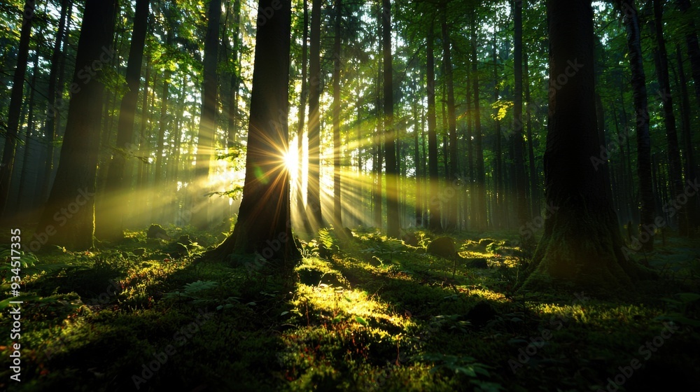 Obraz premium An enchanting woodland view bathed in early morning light, where beams of sunlight filter through the lush foliage, casting dappled patterns on the ground and highlighting the rich textures of the