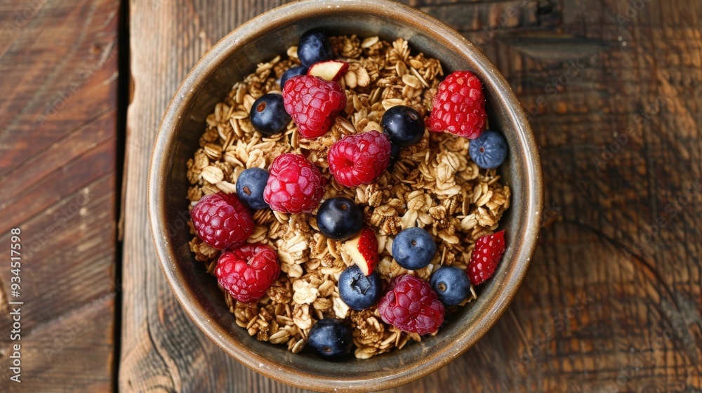 Healthy Honey-Glazed Granola with Fresh Berries in Rustic Bowl Healthy Honey-Glazed Granola with Fresh Berries in Rustic Bowl