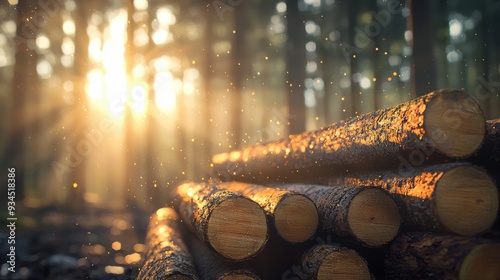 A serene forest scene with neatly stacked logs in the foreground, dappled sunlight filtering through the dense canopy, creating soft volumetric lighting. Rembrandt lighting highlights the texture of photo