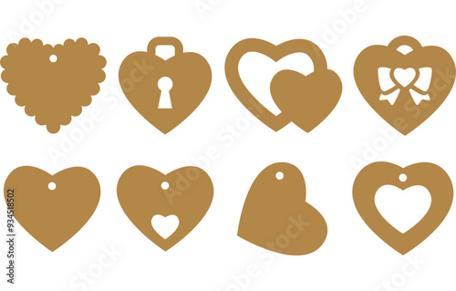 Set of 8 gift tags shapes with hearts. Valentine's Day tag stencils. Vector templates for cutting. Craft paper or cardboard labels cut files