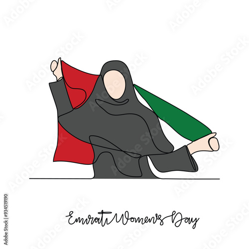 One continuous line drawing of Emirati Women’s Day celebration vector illustration. Emirati Women's Day in simple linear concept vector design. UAE National day celebration design vector in August. 