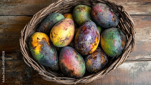 A fruit basket with overripe mangoes rotting on a wooden surface, capturing earthy tones under natural lighting, illustrating the natural process of decay.