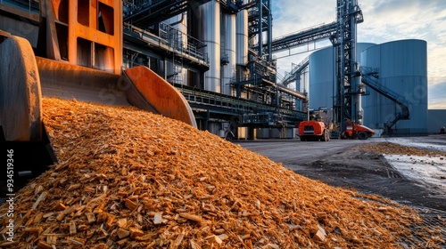 Close-up of a biomass power plant is feedstock handling system, featuring detailed images of large storage silos, conveyor systems, and chipping machinery.  photo