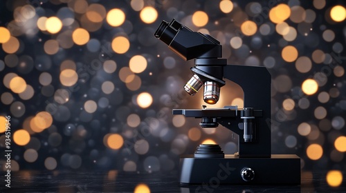 A digital microscope on a polished black surface, with its screen displaying a highly magnified image of a biological sample. The background is a sleek, dark design with soft, glowing lights that