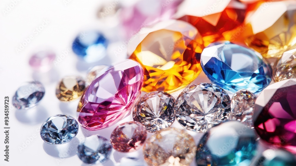 Elegant composition of colorful transparent jewels and diamonds, layered beautifully on a crisp white background Elegant composition of colorful transparent jewels and diamonds, layered beautifully on a crisp white background