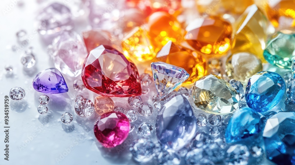 Elegant composition of colorful transparent jewels and diamonds, layered beautifully on a crisp white background Elegant composition of colorful transparent jewels and diamonds, layered beautifully on a crisp white background