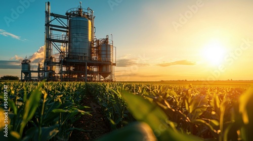 Aerial view of a large ethanol processing factory situated in the middle of expansive farmland, showcasing the complex network of pipes. photo