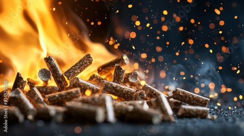 Closeup of wood pellets burning intensely, with small, bright embers escaping and glowing in the air, capturing the dynamic texture of the flames and the heat