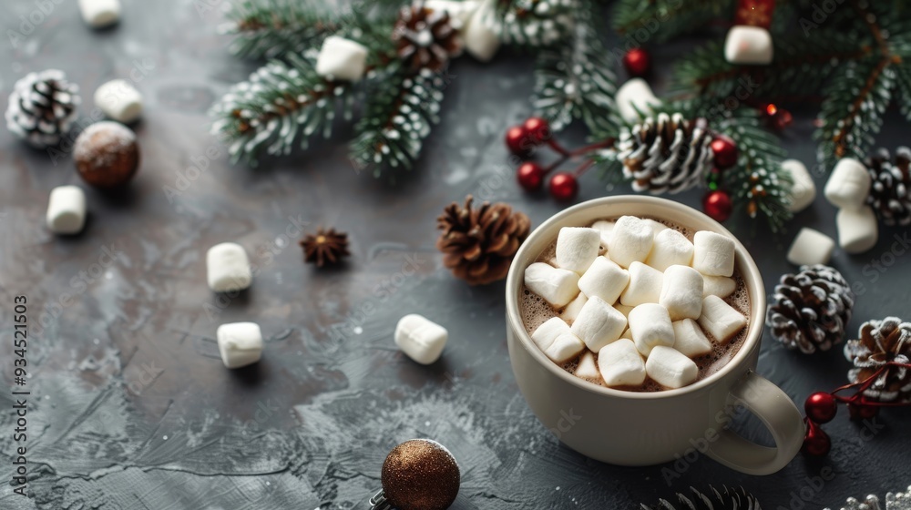 Holiday Hot Chocolate with Marshmallows and New Year Decorations Holiday Hot Chocolate with Marshmallows and New Year Decorations