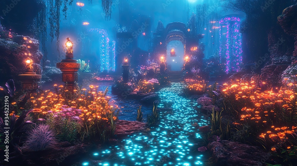 Naklejka premium Enchanting Glowing Pathway to a Stone Archway in a Mystical Forest