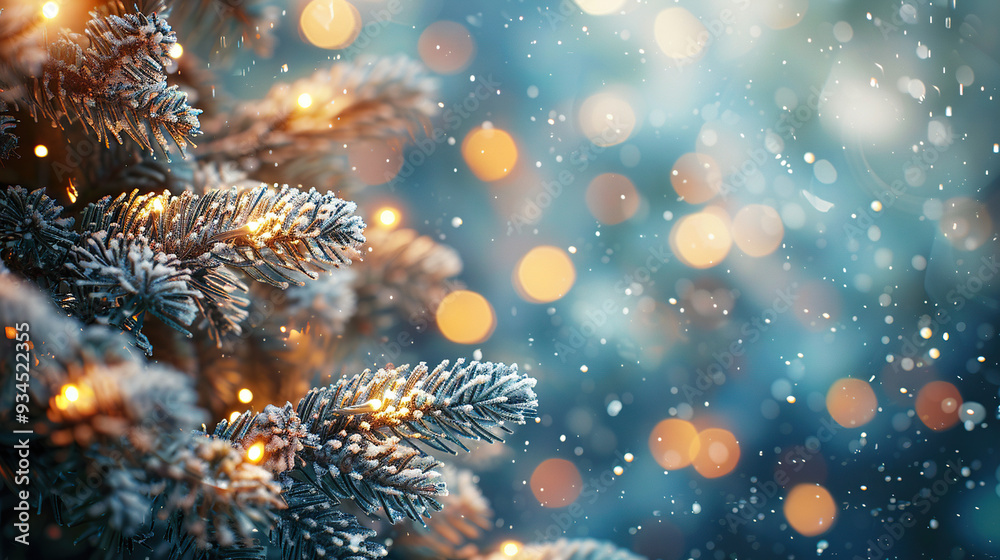 Merry christmas tree covered in snow with bokeh lights in background greeting and Happy new year background festive holidays , welcome winters, cards , banners Merry christmas tree covered in snow with bokeh lights in background greeting and Happy new year background festive holidays , welcome winters, cards , banners