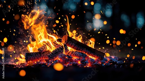 High-resolution shot of a fire pit with crackling coals, showcasing the vibrant flames and glowing embers creating a warm and dynamic scene