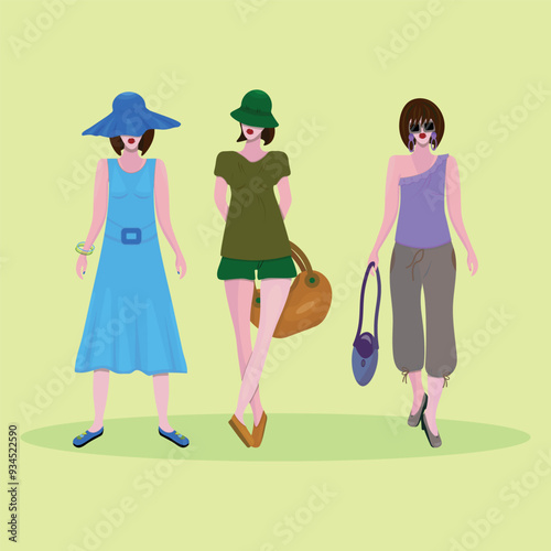 Cartoon fashion model girl in three different summer outfit look and in different poses