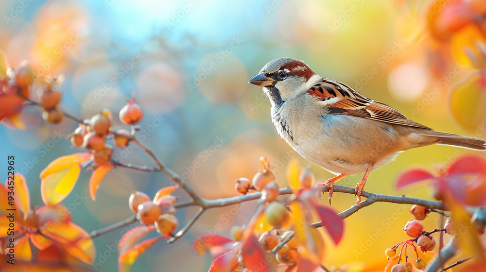 a sparrow sitting on tree branch with blur autumn effect background , focused bird, bird viewing or sighting, autumn season a sparrow sitting on tree branch with blur autumn effect background , focused bird, bird viewing or sighting, autumn season