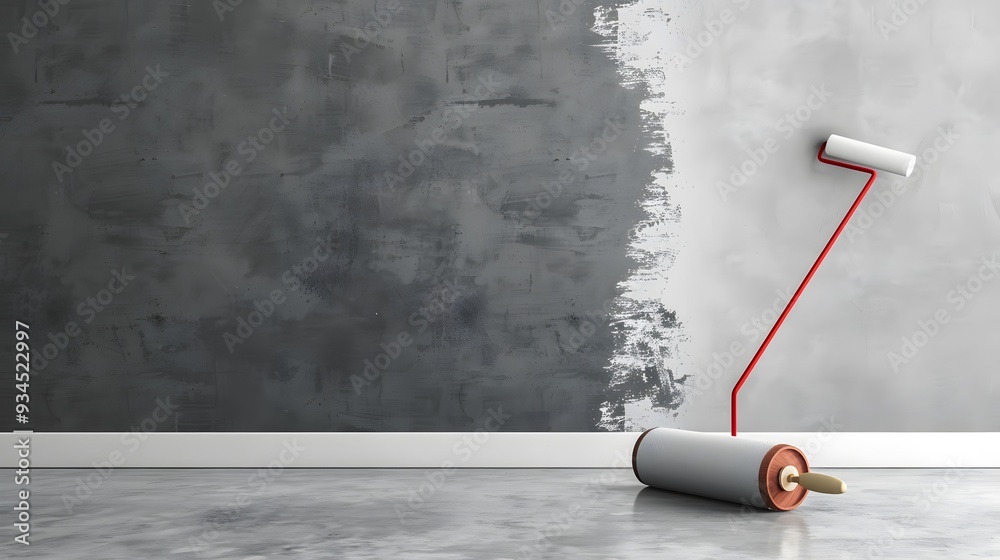 Building contractor painting grey wall with roller brush, copy space text. Construction worker renovating house. Building contractor painting grey wall with roller brush, copy space text. Construction worker renovating house.