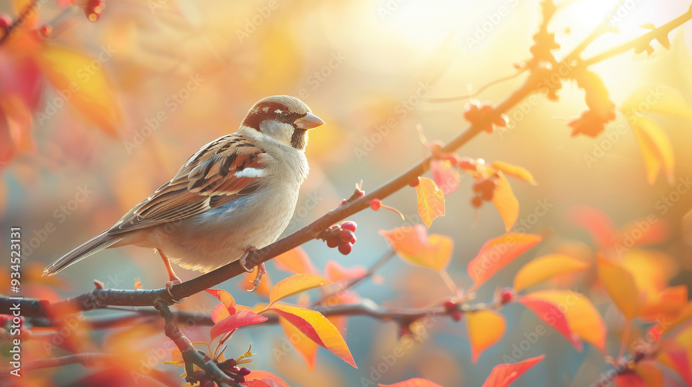 a sparrow sitting on tree branch with blur autumn effect background , focused bird, bird viewing or sighting, autumn season a sparrow sitting on tree branch with blur autumn effect background , focused bird, bird viewing or sighting, autumn season