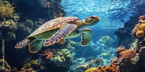 A green sea turtle swimming gracefully in an aquarium, surrounded by colorful coral and marine life 