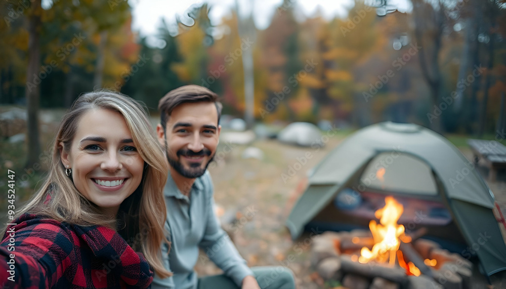 A young couple smiling and posing in front of a campfire and tent in an autumn forest setting, with falling leaves around them A young couple smiling and posing in front of a campfire and tent in an autumn forest setting, with falling leaves around them
