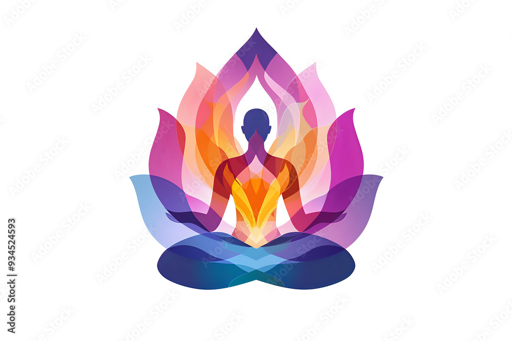Abstract illustration of a person meditating in a lotus position, surrounded by colorful overlapping lotus petals, isolated on a white background. Ideal for wellness, meditation, yoga studios Abstract illustration of a person meditating in a lotus position, surrounded by colorful overlapping lotus petals, isolated on a white background. Ideal for wellness, meditation, yoga studios