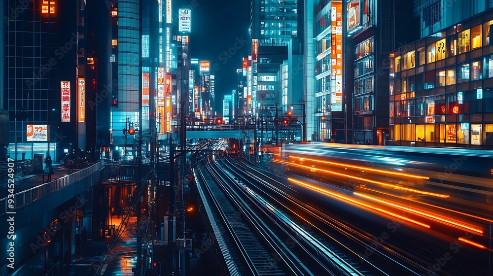 Obraz premium Cinematic Night Cityscape with Subway Train and Illuminated Skyscrapers