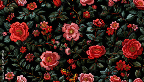 Seamless elegant floral embroidery pattern with colorful flowers on black background. Realistic style. Generative ai