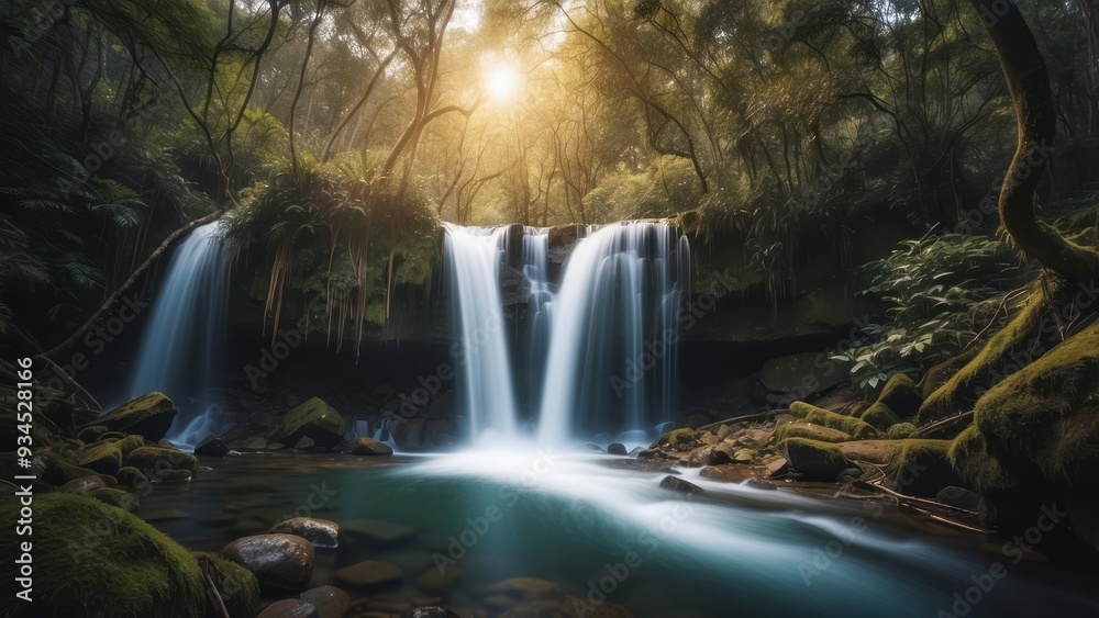 Serene Waterfall Cascading Through a Lush Rainforest Serene Waterfall Cascading Through a Lush Rainforest