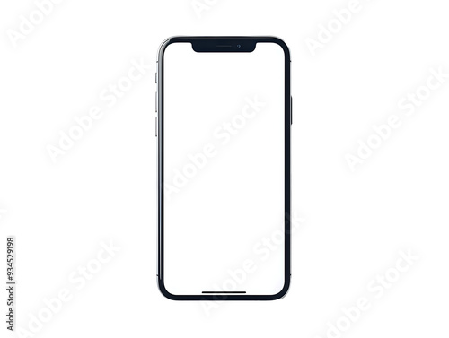 Smartphone with blank white screen isolated on a white background, ideal for app design presentations, marketing, and user interface showcases. Isolated and ready for design use.