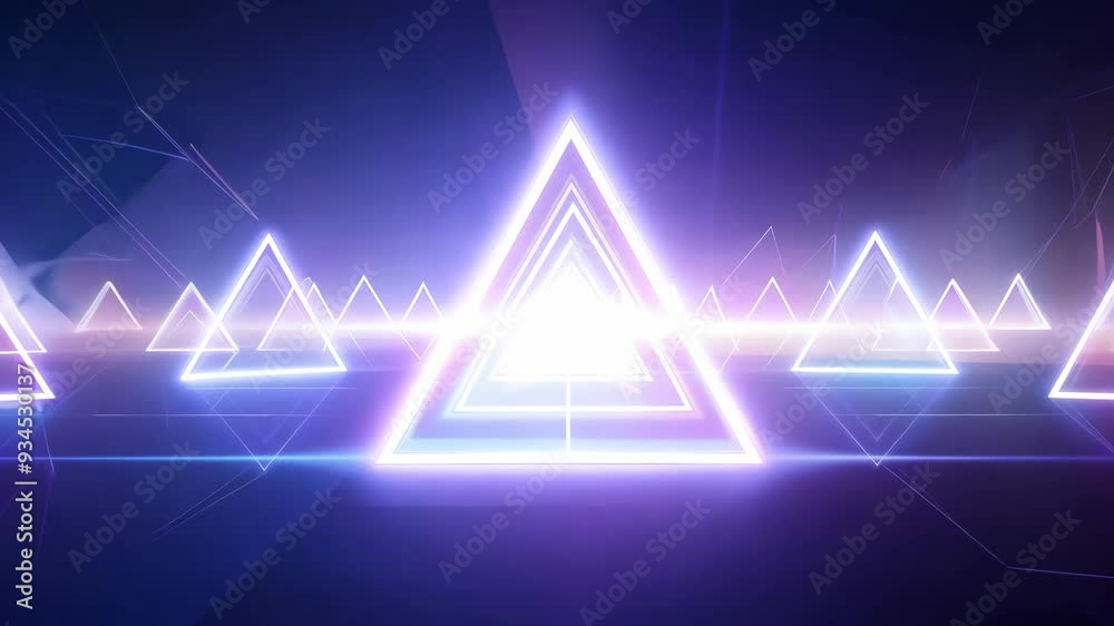 A series of glowing neon triangles arranged in a symmetrical pattern on a dark background, creating a futuristic and geometric visual effect.