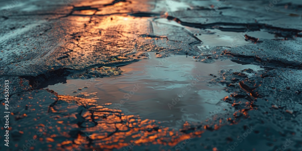 Obraz premium Image of a damaged asphalt pavement with a puddle representing transportation challenges road maintenance and potential risks to vehicle suspensions