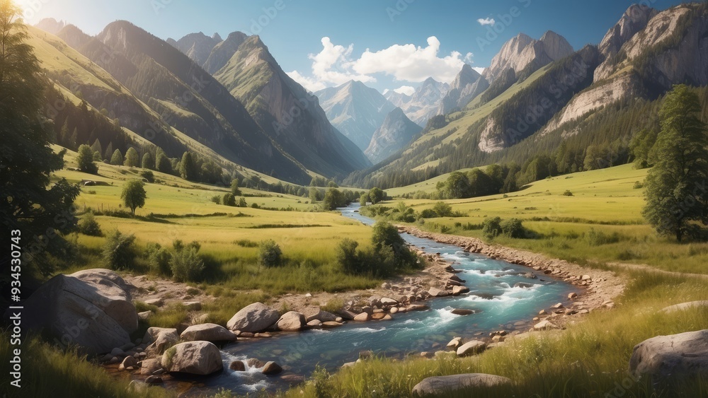 Mountain River Winding Through a Valley with Lush Green Vegetation