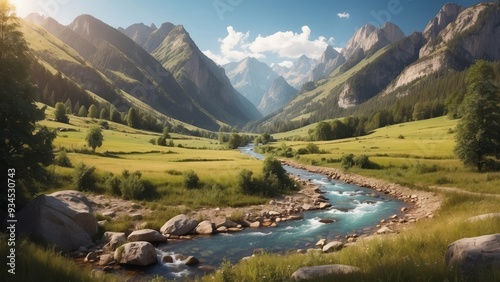 Mountain River Winding Through a Valley with Lush Green Vegetation