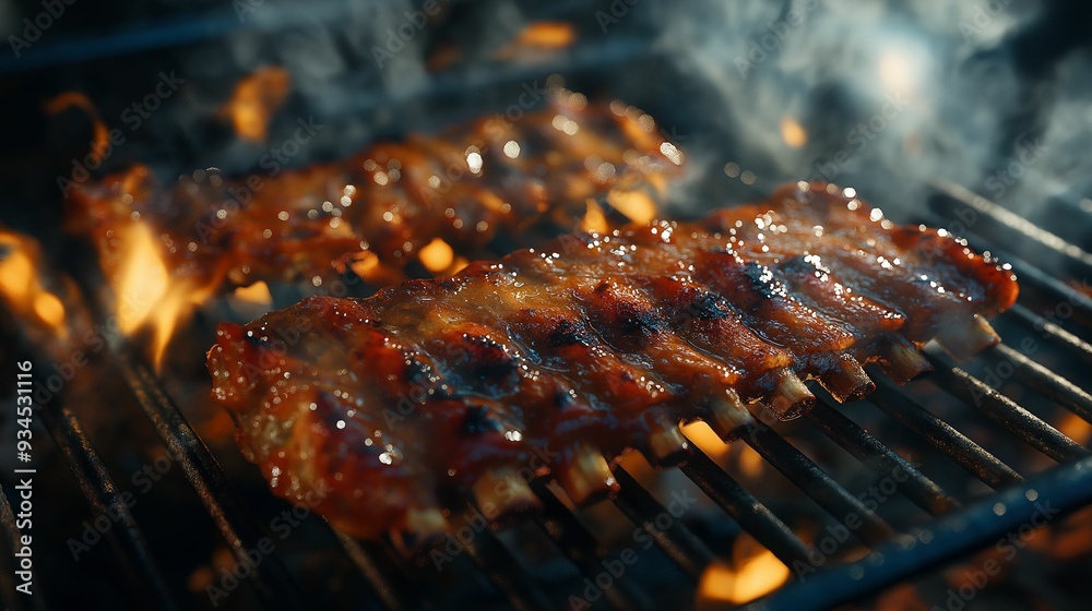 Close-up of juicy barbecue ribs sizzling on the grill over open flames. Close-up of juicy barbecue ribs sizzling on the grill over open flames.