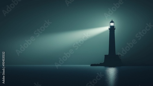 A solitary lighthouse shines its powerful beacon across a calm sea at night.