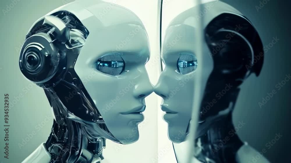 A humanoid robot is looking at its reflection in a mirror, showcasing advanced technology and futuristic design on a neutral background. Concept of AI A humanoid robot is looking at its reflection in a mirror, showcasing advanced technology and futuristic design on a neutral background. Concept of AI