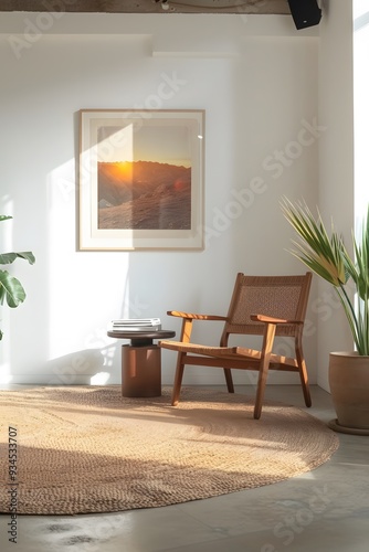 Beaming modern room with a minimalistic cinematic poster nestled in a relaxing wooden frame AI generated illustration