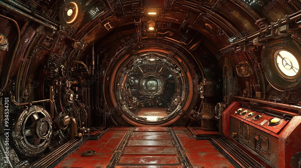 Obraz premium A Rusty, Mechanized Corridor Inside a Futuristic Spacecraft