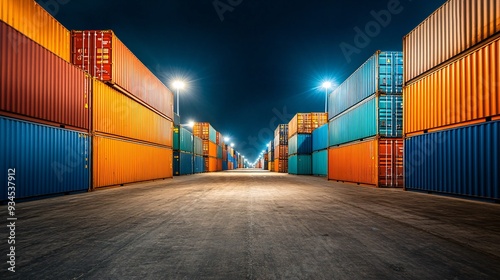 Wallpaper Mural Stacked containers under the bright lights of a port terminal at night Torontodigital.ca