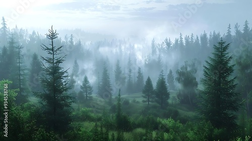 A serene forest landscape shrouded in mist, showcasing lush greenery and tall trees.