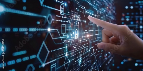 A close-up of a hand reaching out to touch a floating digital padlock icon