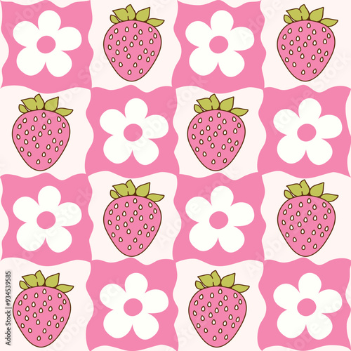 Seamless pattern of pink strawberry groovy checkered. It's a pattern that looks feminine. Pattern for fabric and wrapping paper, Pattern for design wallpaper and fashion prints.
