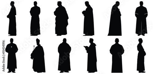 Priest silhouettes set, clergy pack of vector silhouette design, isolated background