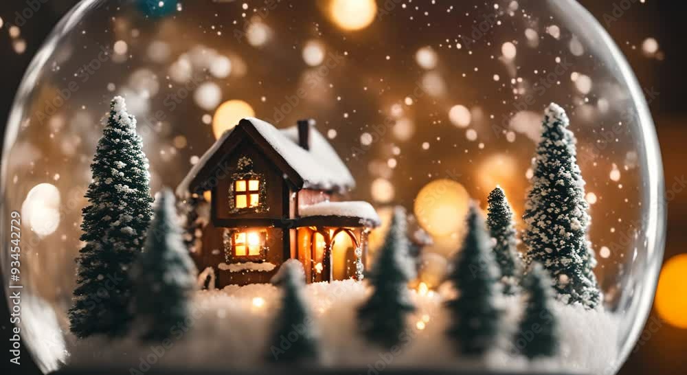 Christmas Snow globe Snowflakes Christmas tree house inside snow globe 4k animation
