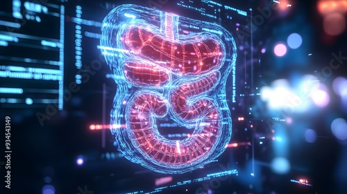 A holographic display of the human digestive system, showcasing the transparent layers of the stomach, intestines, and related organs, with glowing lines highlighting the digestive tract