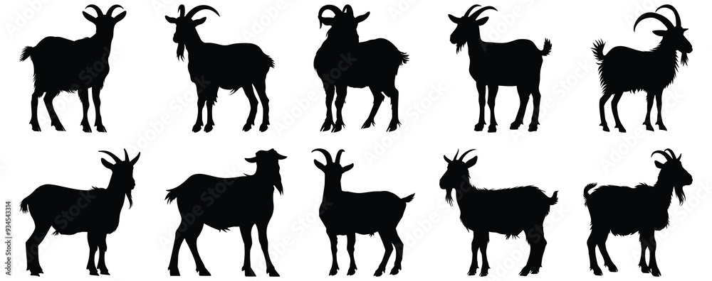Fototapeta premium Goat silhouettes set, animal pack of vector silhouette design, isolated background