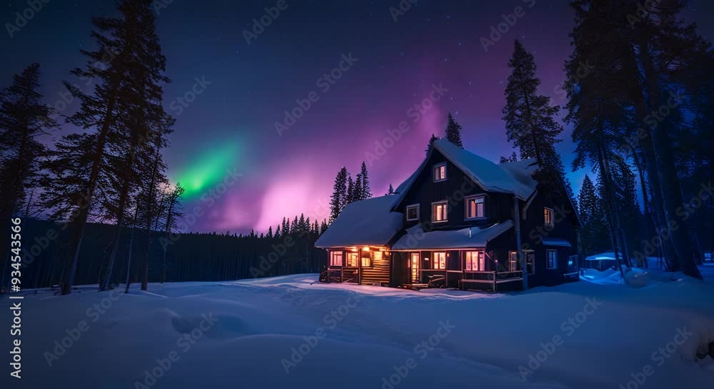 House in forest against backdrop of northern lights 4k animation House in forest against backdrop of northern lights 4k animation